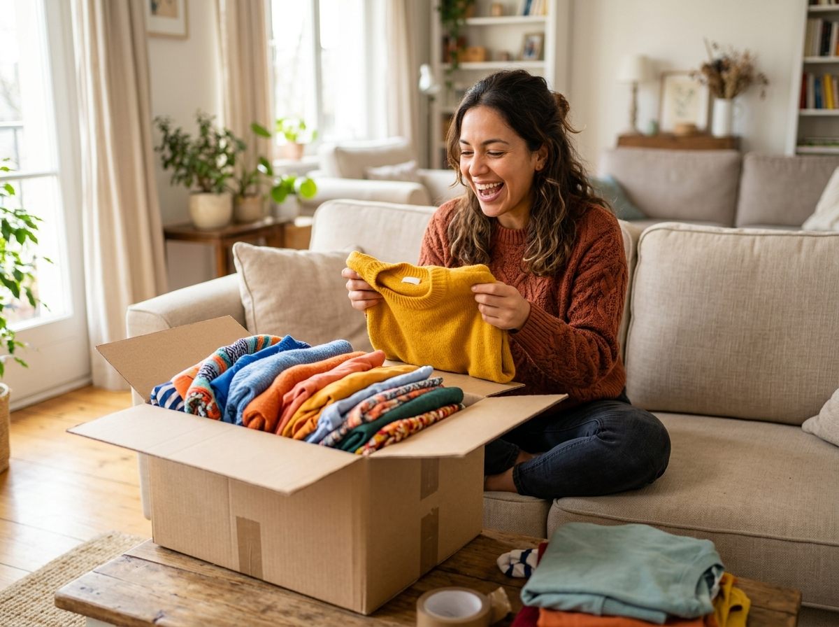 Emprendedora en Venezuela abriendo su paquete de ropa al mayor recibido por MRW o Zoom en casa