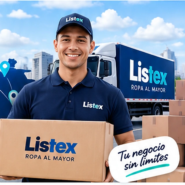 Repartidor de Listex entregando una caja de ropa al mayor, con el camión de reparto a toda Venezuela